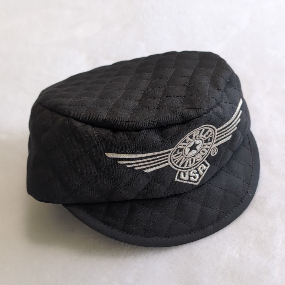 Vintage Harley Davidson USA Quilted Engineer Train Cap Hat Black Railroad Biker